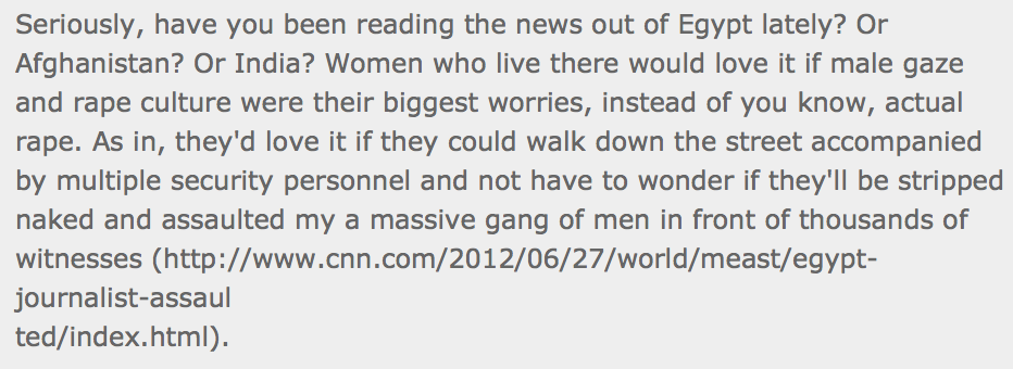 Kyle Redd on 16 Jul 2012 at 2:20 pm PST, wondering why games journalists are talking about sexism in games and not rape in Egypt.